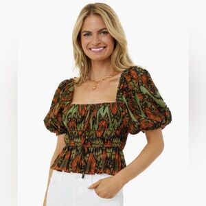 Ulla Johnson Medha Metallic Floral Puff Sleeve Square Neck Peasant Top Size 12
